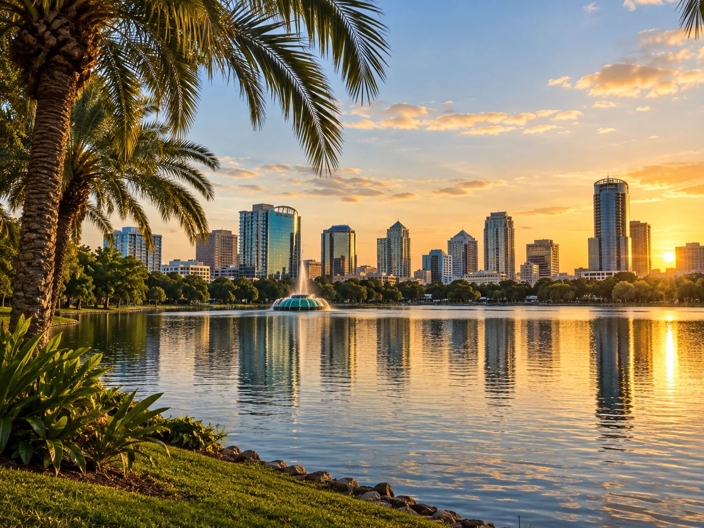 Downtown Orlando skyline reflected across Lake Eola in Orange County, Florida