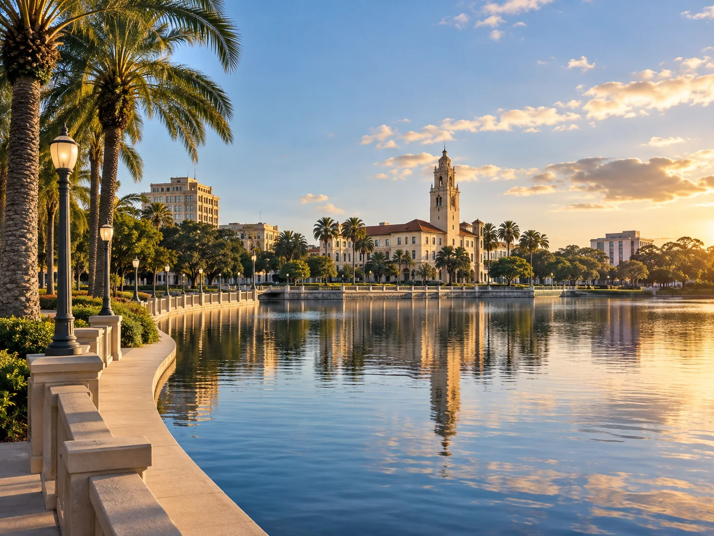 Lakeland's Lake Mirror promenade and historic architecture at golden hour in Polk County, Florida